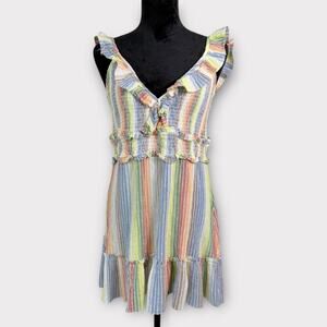 Saylor Alma Mini Dress Tag XL Fit Medium Colorful Striped Ruffle Smocked‎ - READ
